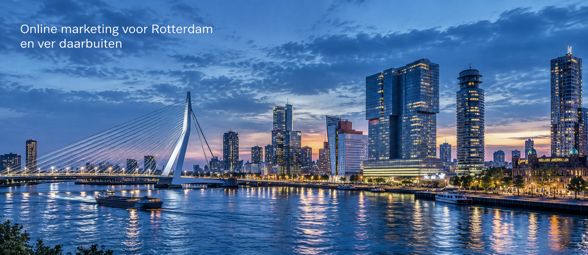 Skyline van Rotterdam met de Erasmusbrug en de Nieuwe Maas tijdens het blauwe uur