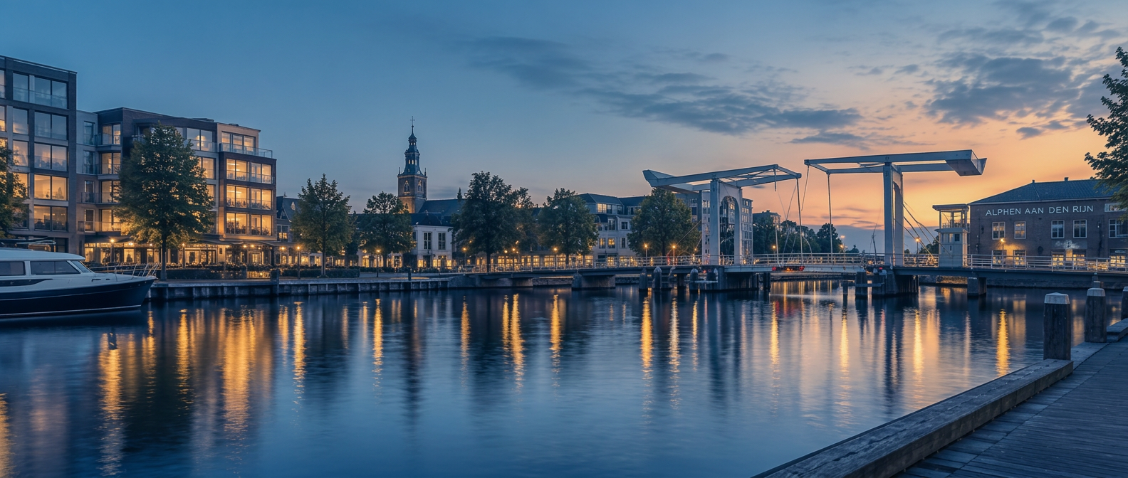 Waterfront en Alphense Brug aan de Oude Rijn in Alphen aan den Rijn bij avondlicht