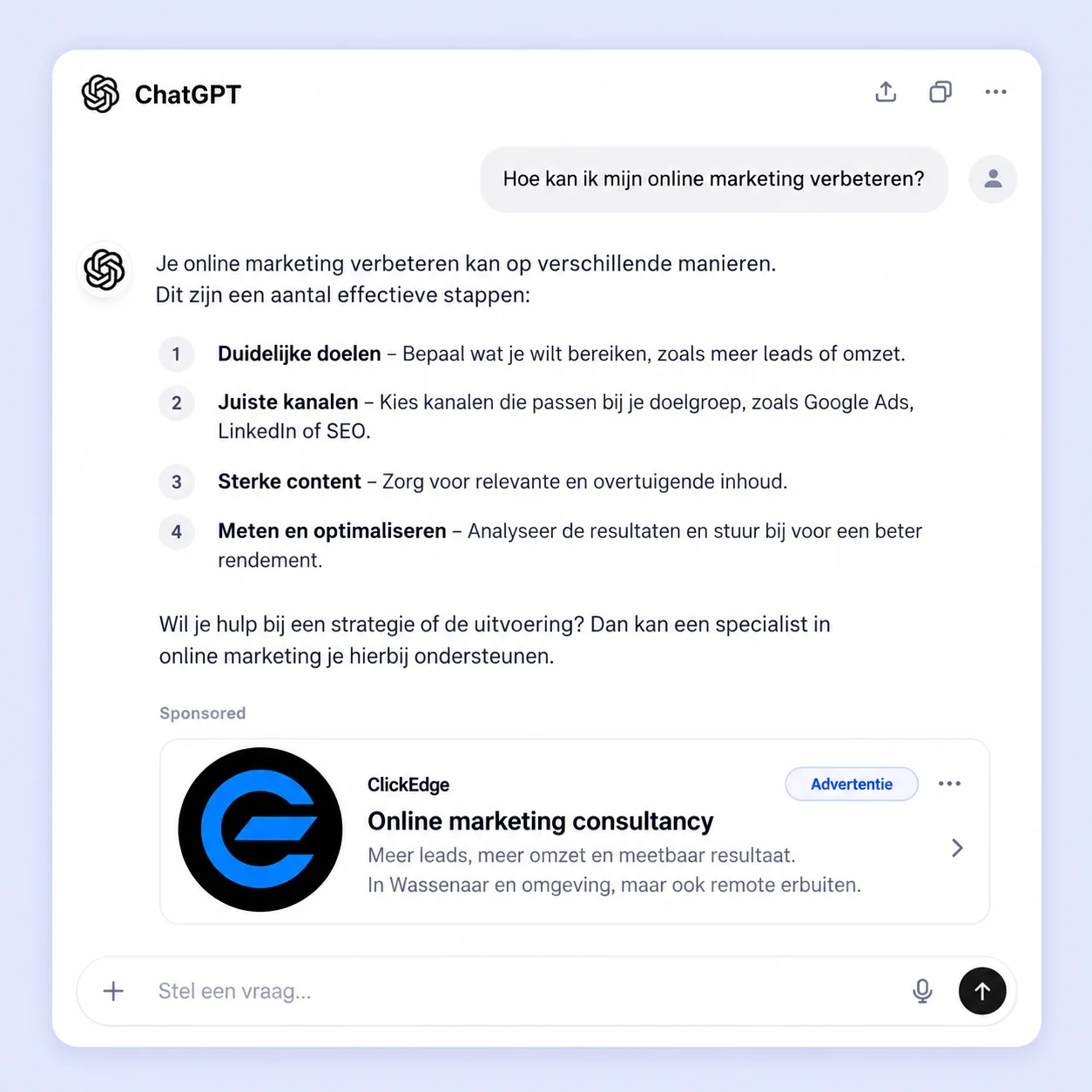 Illustrative example of a ClickEdge ChatGPT Ads advertisement within an AI conversation