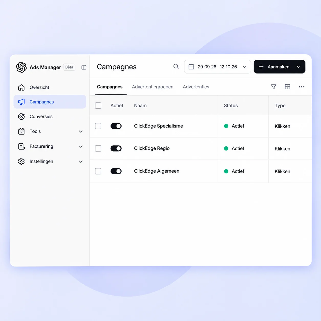 OpenAI Ads Manager campaign overview for managing ChatGPT Ads