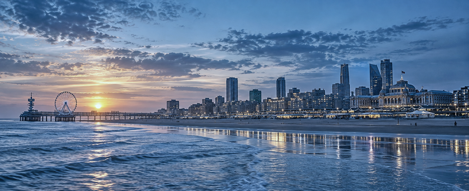 Skyline van Den Haag en de pier van Scheveningen bij zonsondergang